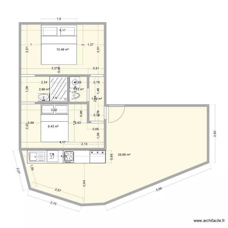 bastille. Plan de 6  et 53 m²