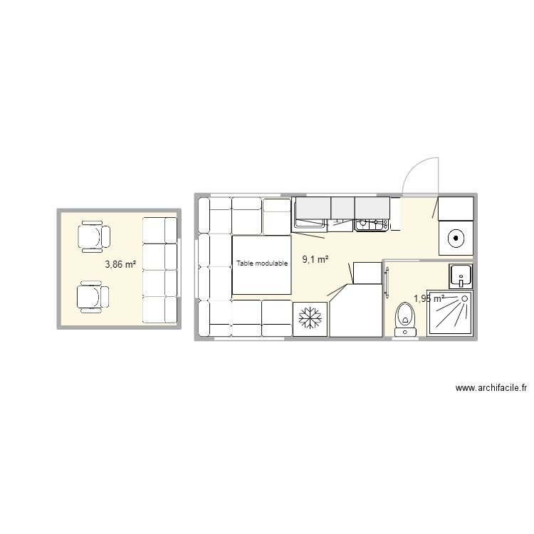 Cellule 4800 porte arrière bis. Plan de 3 pièces et 15 m2