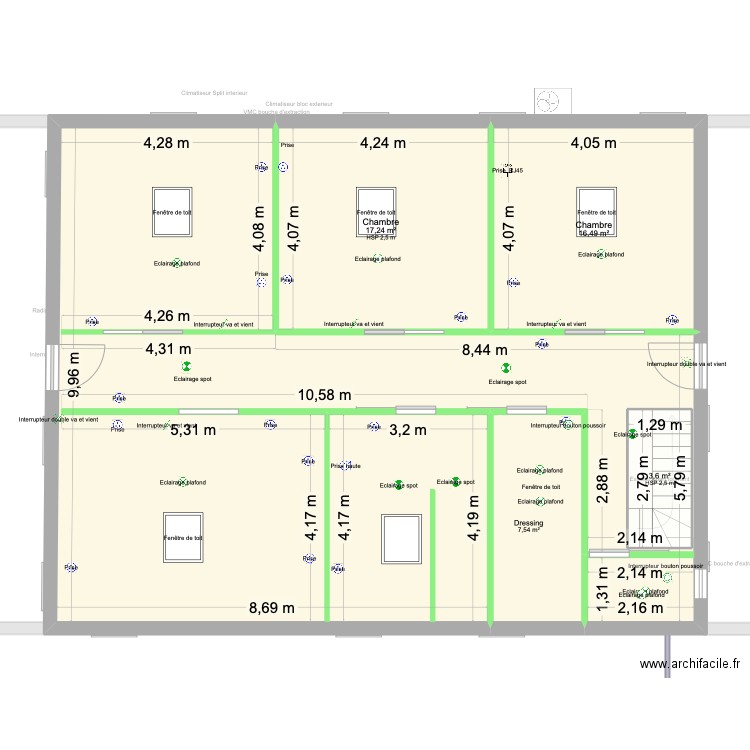 Baylet étage éclairage. Plan de 10 pièces et 251 m2