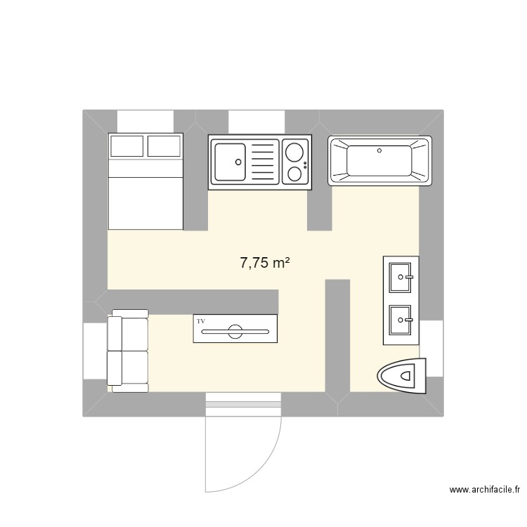 appartement 9 metre carré. Plan de 1 pièce et 8 m2