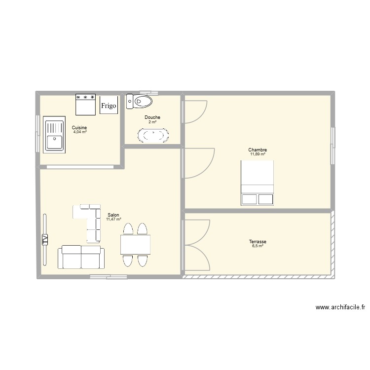 Maison chambre salon terasse. Plan de 5 pièces et 36 m2