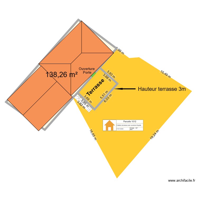 Plan de masse côté dans les 3 dimensions. Plan de 1 pièce et 138 m2