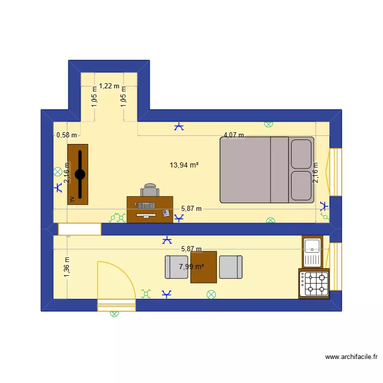 Mini Salon & Chambre plus CUISINE. Plan de 2 Pièces et 22 m² Mini Salon & Chambre plus CUISINE. Plan de 2 Pièces et 22 m²