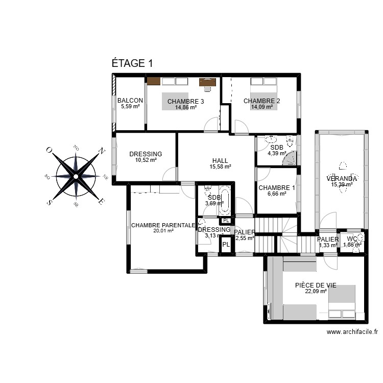 SI117758 etage 1. Plan de 21 pièces et 153 m2
