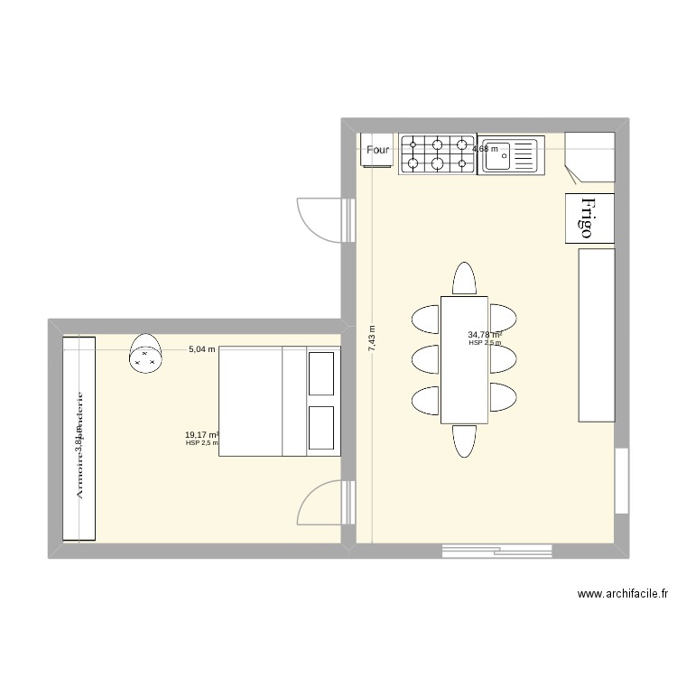 Plan Cuisine. Plan de 2 pièces et 54 m2