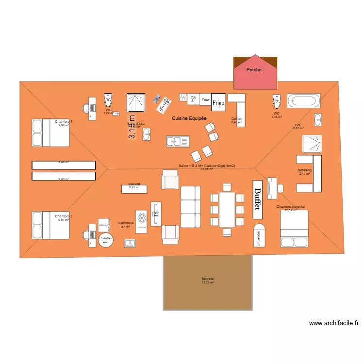 Plan de maison avec cl&ocirc;ture Finau et Tito. Plan de 15 Pièces et 121 m²