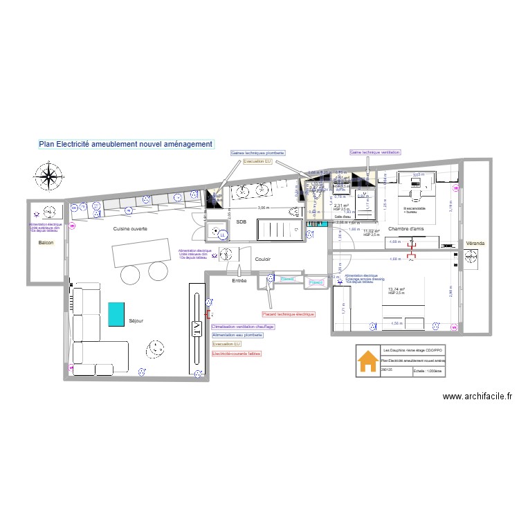 Plan  Electricité nouvel agencement. Plan de 7 pièces et 30 m2