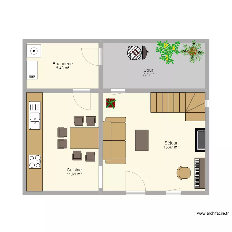Petite maison rez avec meubles. Plan de 