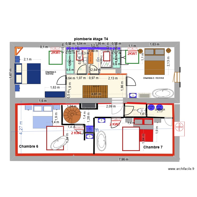 PLOMBERIE ETAGE T4. Plan de 10 pièces et 21 m2