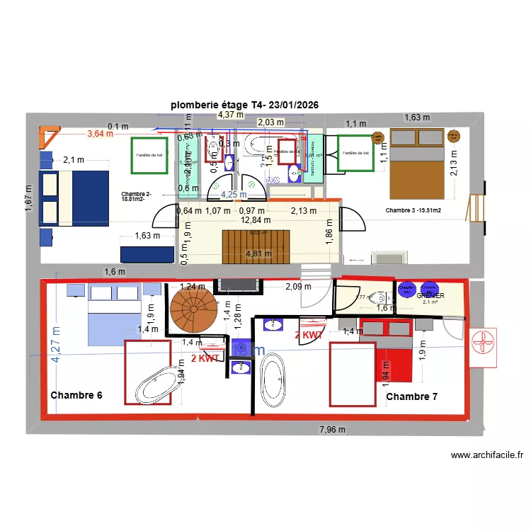 PLOMBERIE ETAGE T4. Plan de 8  et 22 m²