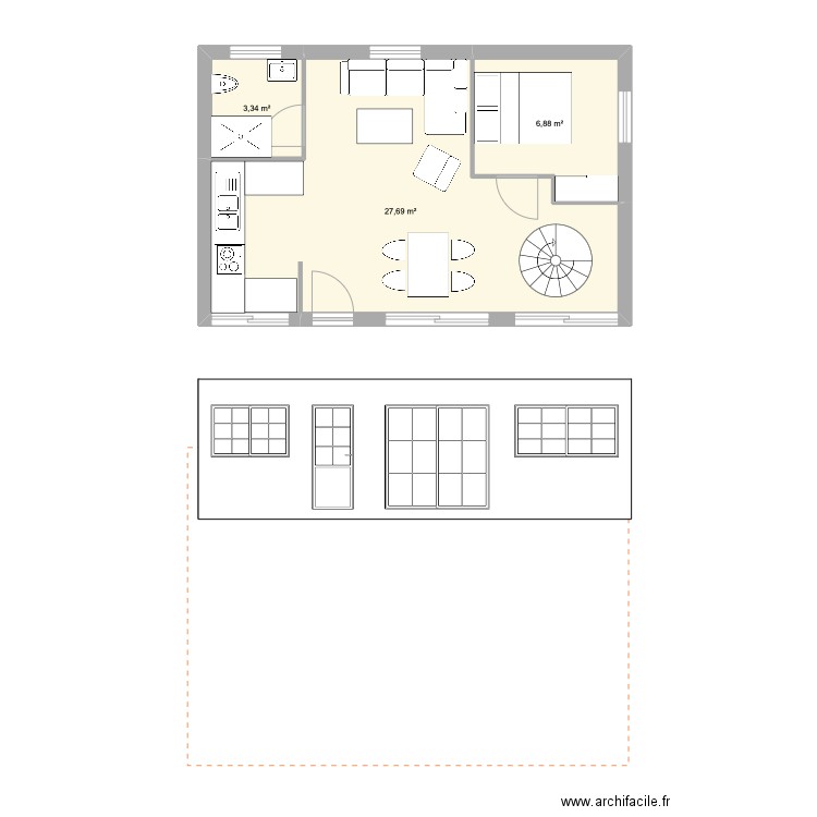 Chalet v2. Plan de 3 pièces et 38 m2