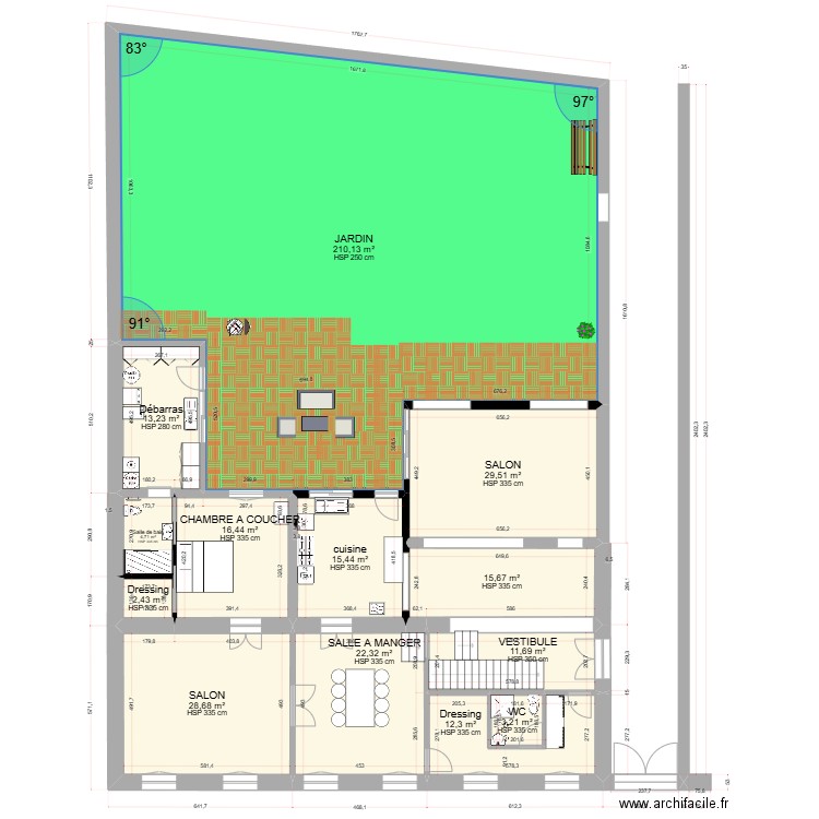 WIMILLE REZ DE CHAUSSEE  PROJET1. Plan de 13 pièces et 385 m2