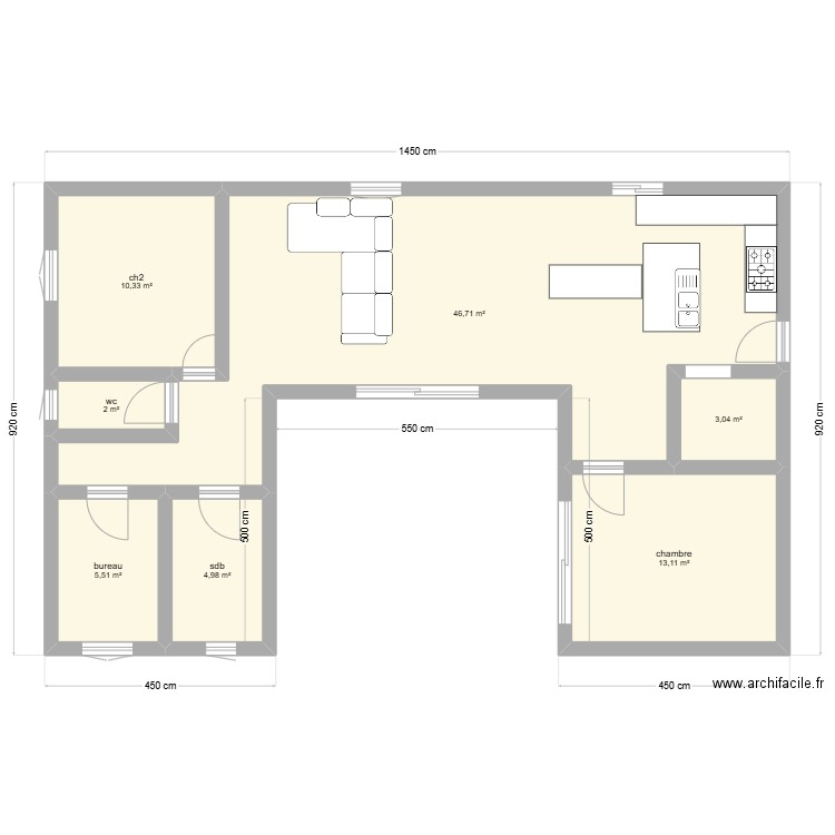 maison u 90m². Plan de 7 pièces et 86 m2