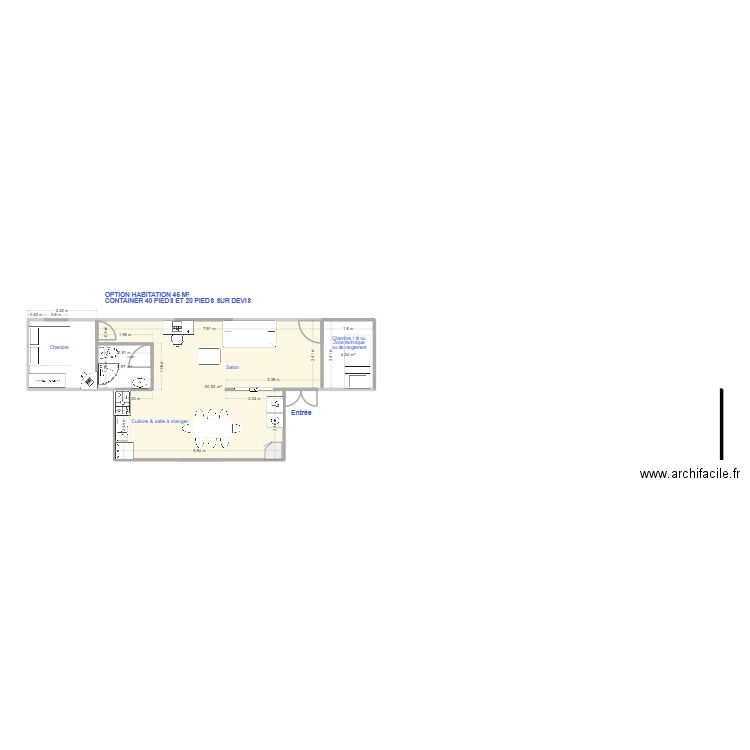 habitation 45 m². Plan de 3 pièces et 38 m2