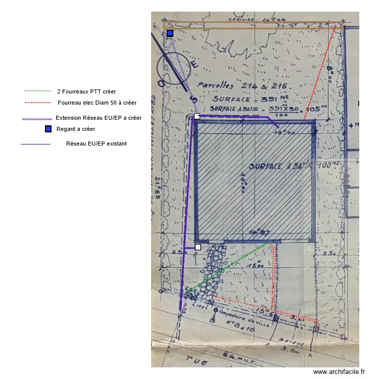 Plan r&eacute;seaux exterieurs. Plan de 1  et 8 m²