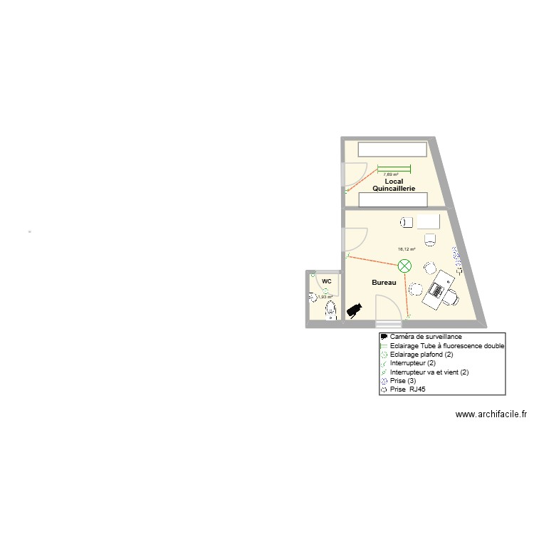Détail bureau. Plan de 3 pièces et 26 m2