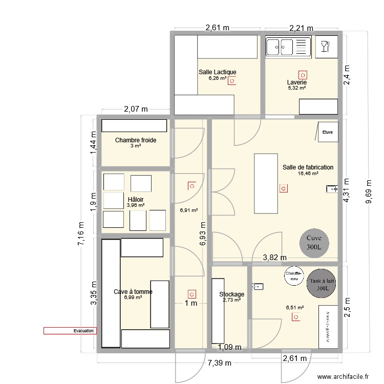 Plan Fromagerie. Plan de 9 pièces et 58 m2