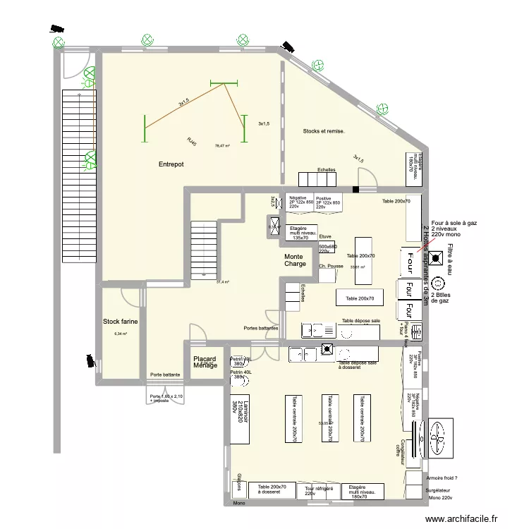 B&acirc;timent employ&eacute;s RDC mat&eacute;riel. Plan de 7  et 205 m²