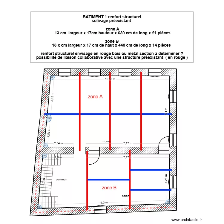 Bâtiment 1 1er étage renfort structure plafond. Plan de 1 Pièce et 114 m² Bâtiment 1 1er étage renfort structure plafond. Plan de 1 Pièce et 114 m²
