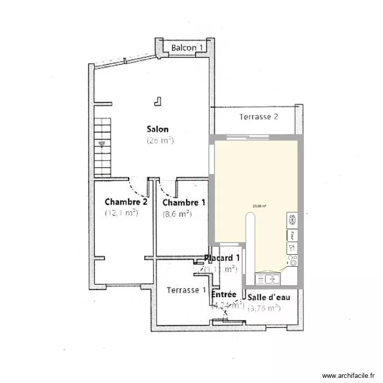 Cuisine / salle &agrave; manger. Plan de 1  et 24 m²