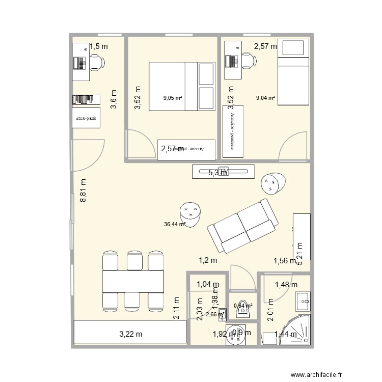 Bureau couloir. Plan de 5 pièces et 58 m2