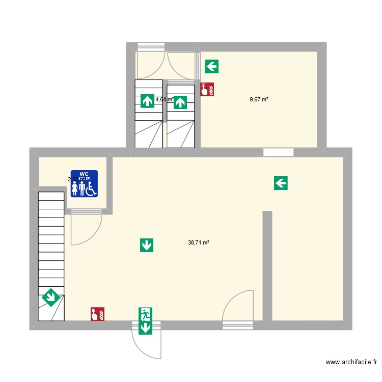SH RDC. Plan de 4 pièces et 56 m2