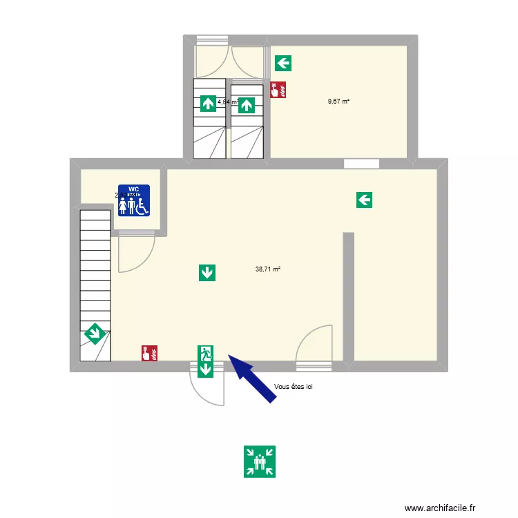 SH RDC. Plan de 4 pièces et 56 m²