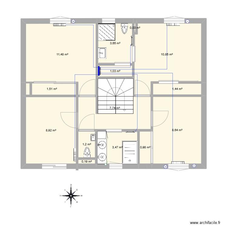 Maison Cormeilles-1er Etage-Plomberie_V2. Plan de 14 pièces et 61 m2