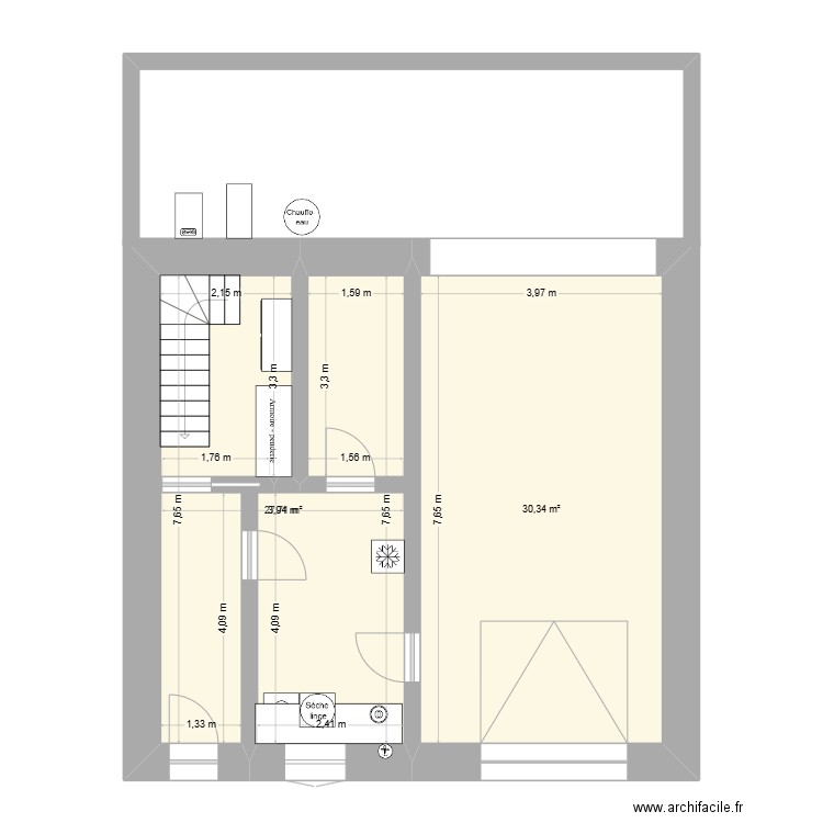 1er plan rdc. Plan de 2 pièces et 58 m2