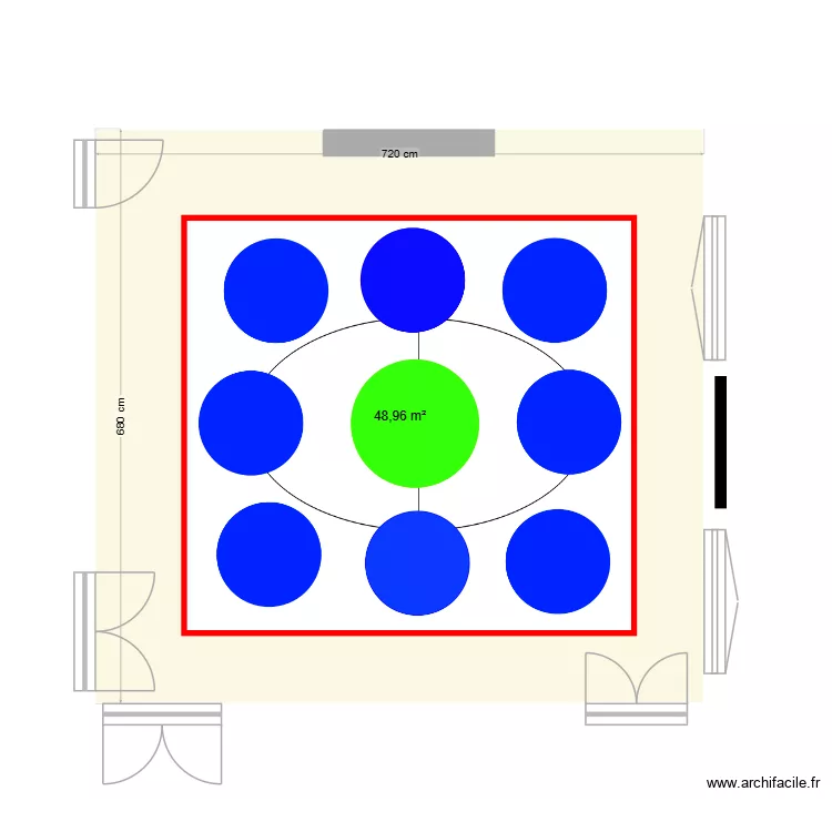 Plan salle de r&eacute;union avec 8 panneaux acoustiques de 125 cm. Plan de 1  et 49 m²