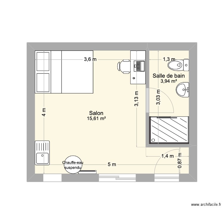 Studio carré. Plan de 2 pièces et 20 m2
