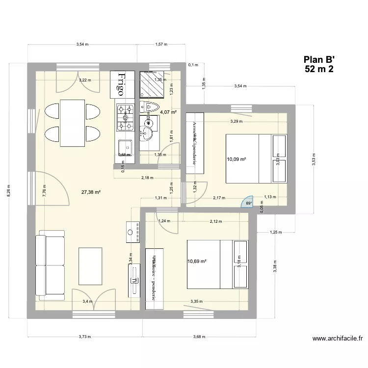 Pallier plan B 51 m2. Plan de 4 pièces et 52 m² Pallier plan B 51 m2. Plan de 4 pièces et 52 m²