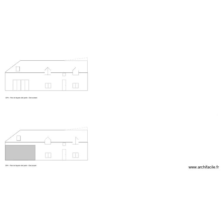 Fa&ccedil;ade cot&eacute; jardin. Plan de 