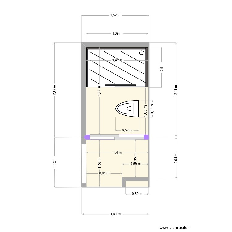 SDB type R1 + R2 paroi avant. Plan de 3 pièces et 4 m2
