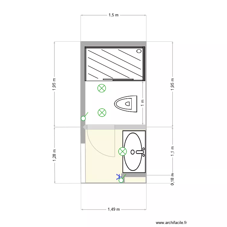 SDB type R1 + R2 paroi avant. Plan de SDB type R1 + R2 paroi avant. Plan de
