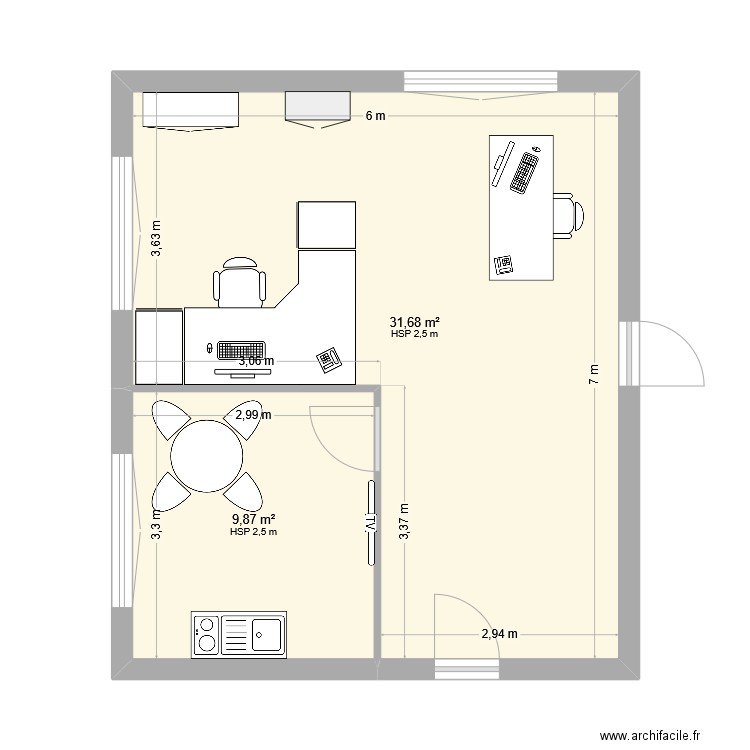dépôt. Plan de 2 pièces et 42 m2