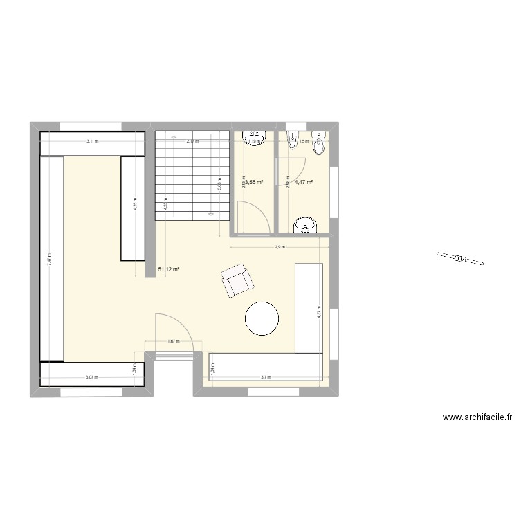 RDC Marjane. Plan de 3 pièces et 59 m2