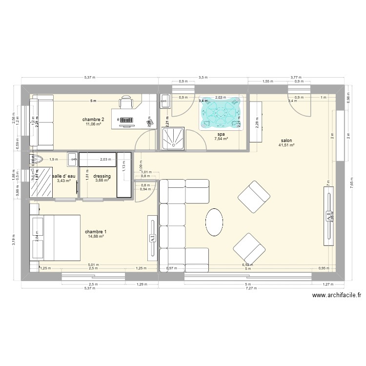 plan avec meuble rdc maison Sillans salon ch1+ch2. Plan de 6 pièces et 82 m2