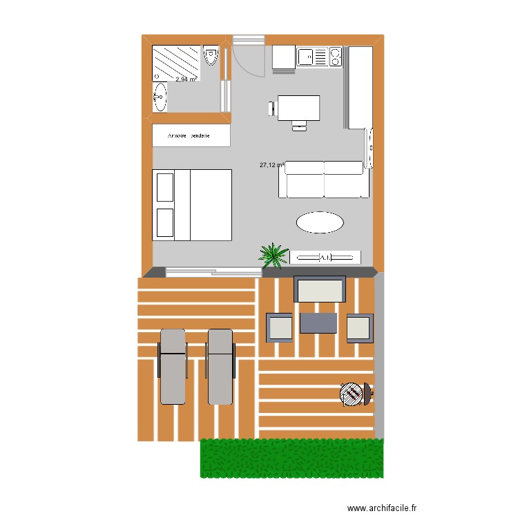 Studio 30m2. Plan de 2 pièces et 30 m2