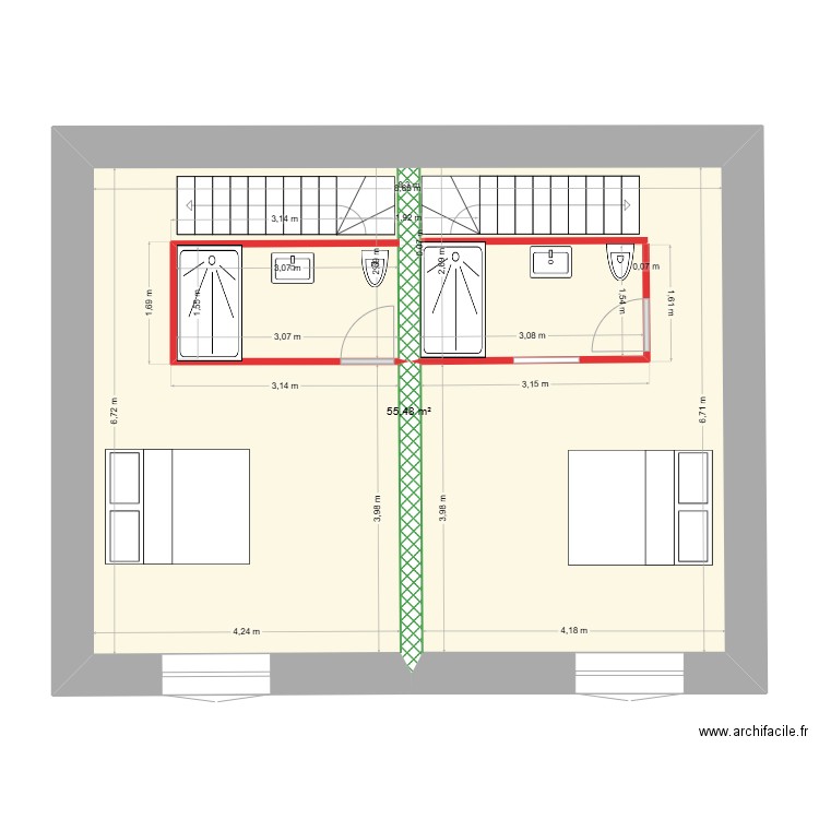 Plan étage avec deux escaliers quart tournants et wc centraux. Plan de 1 pièce et 55 m2