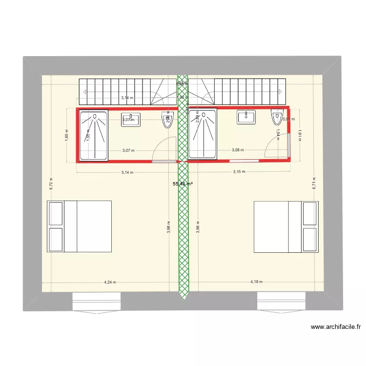 Plan &eacute;tage avec deux escaliers quart tournants et wc centraux. Plan de 