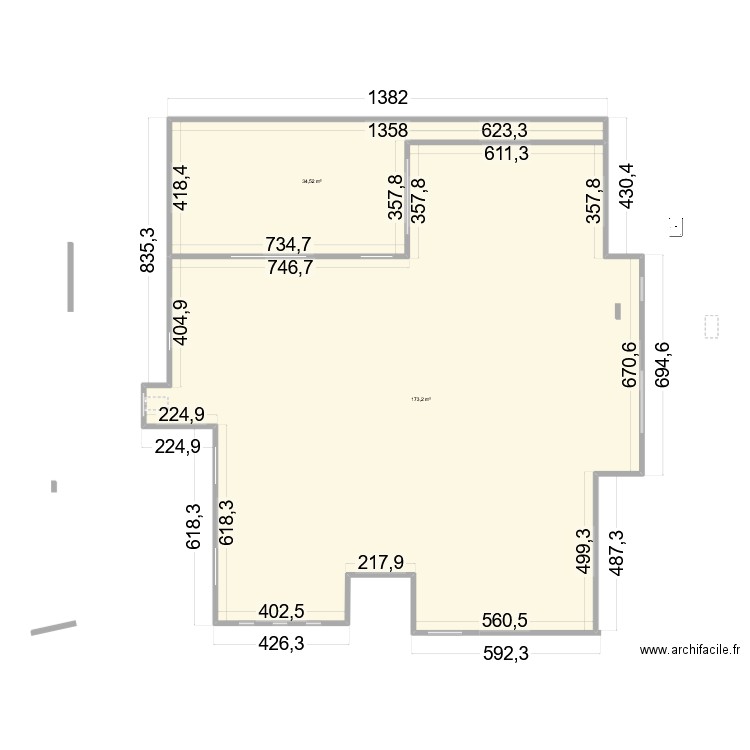 axw. Plan de 2 pièces et 208 m2