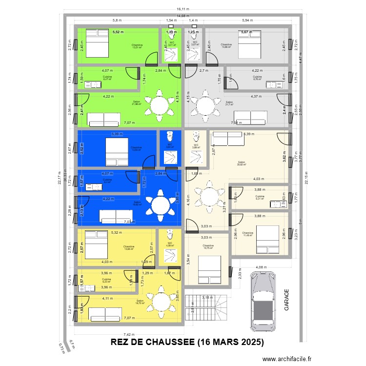 REZ DE CHAUSSEE 16 MARS 2025. Plan de 21 pièces et 240 m2