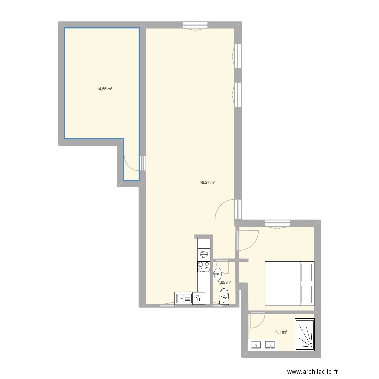 RDC 1. Plan de 4 pièces et 69 m2
