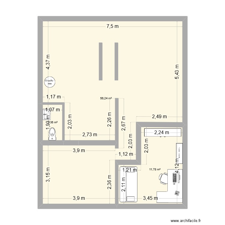 amenagement sous sol. Plan de 3 pièces et 70 m2