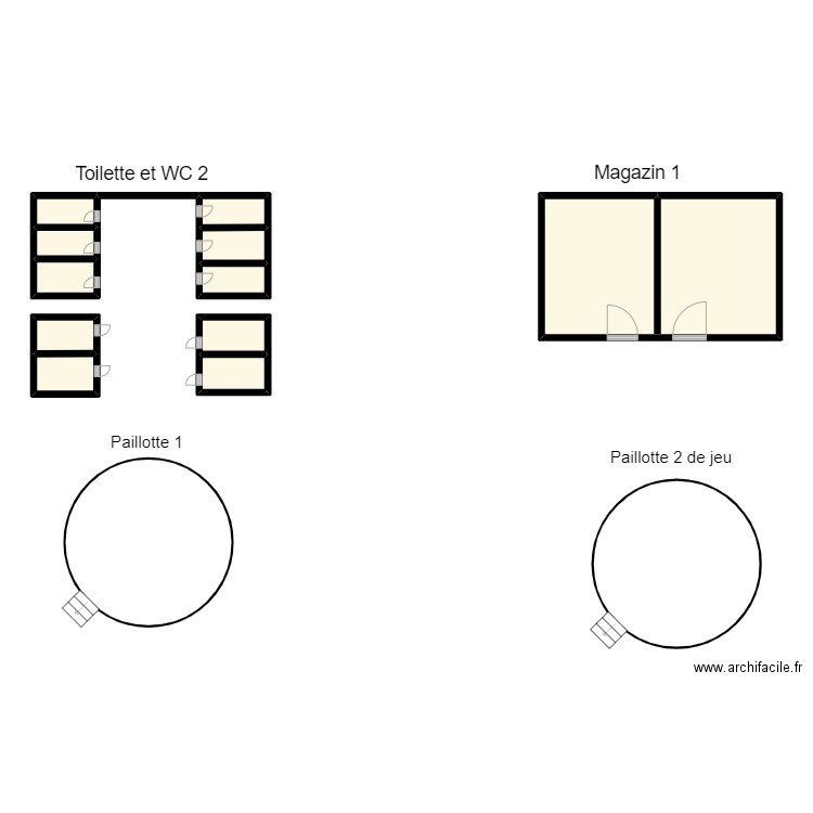 Vue en plan Paillote et toilette CS BOPA. Plan de 11 pièces et 44 m2