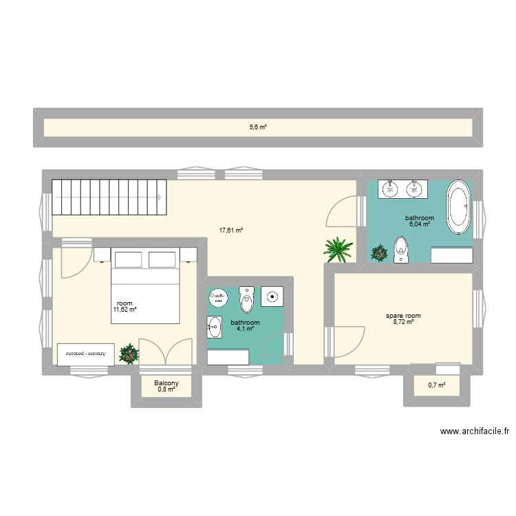 2nd étage. Plan de 8 pièces et 55 m2