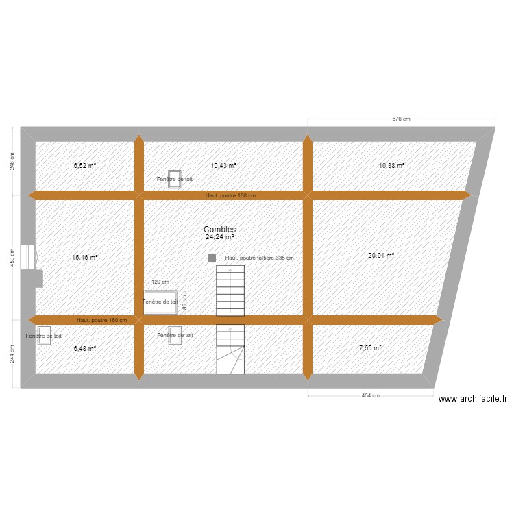 Combles (surfaces). Plan de 9 pièces et 112 m2