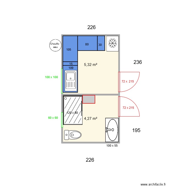cuisine bas. Plan de 2 pièces et 10 m2