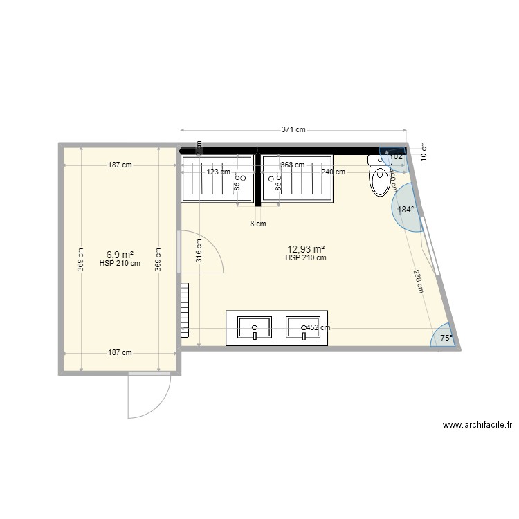 SdB NEW ind A STIVERT. Plan de 2 pièces et 20 m2